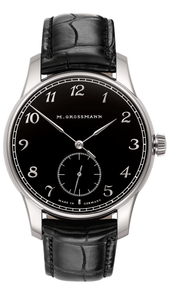Hamatic: case white gold email with black strap und white gold hands