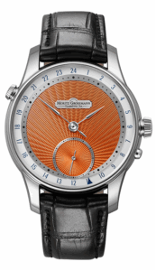 GMT Guilloche stainless steel and orange dial with black strap